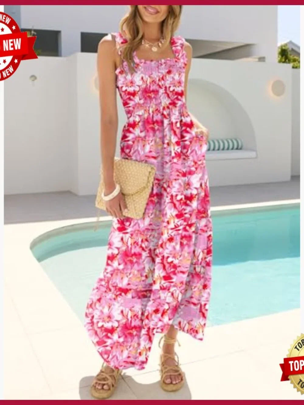 Sleeveless Maxi Dress Smocked Bodice Tiered A-Line Flowy Summer Beach - Picture 3 of 7